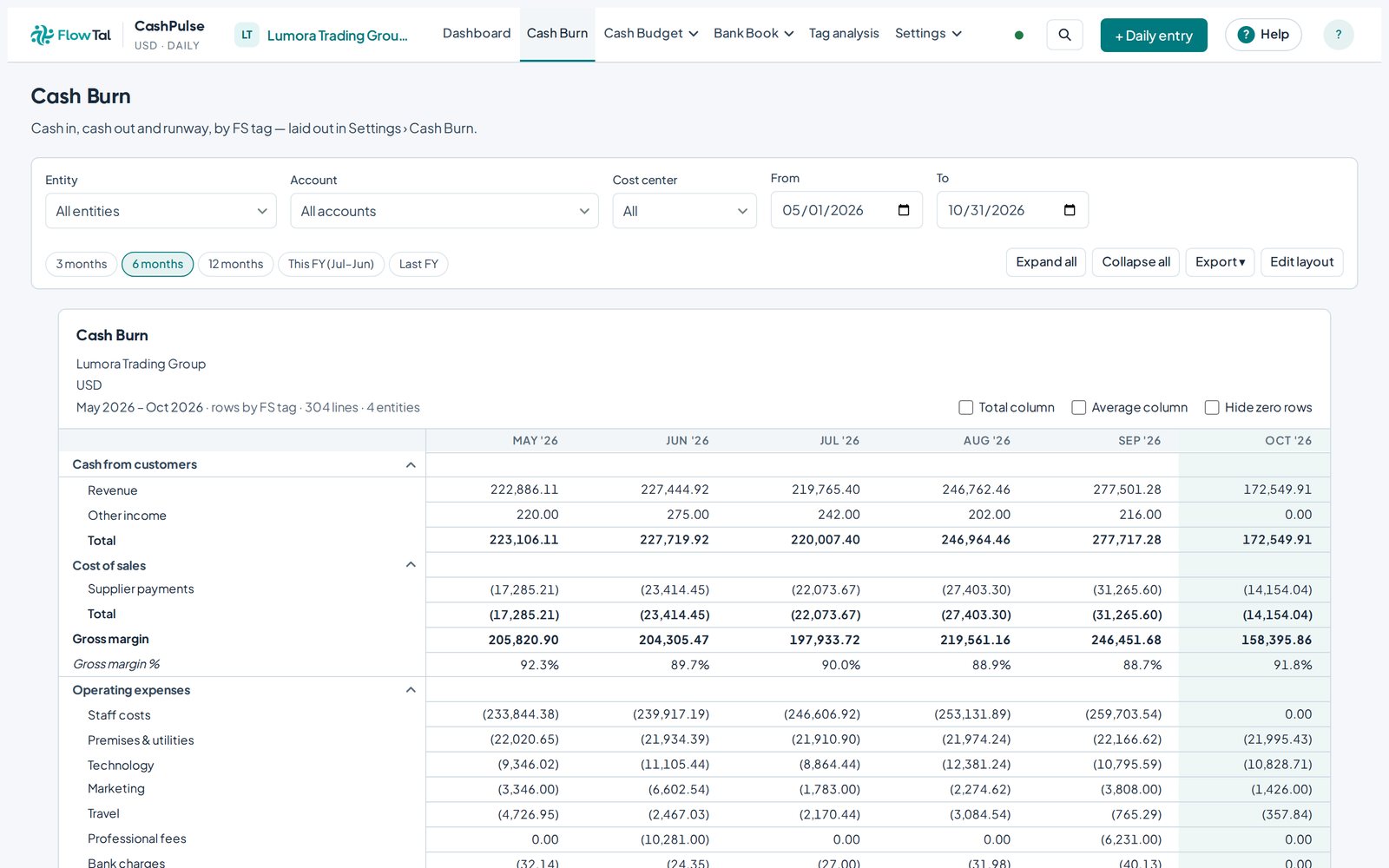 CashPulse Cash Burn report by month in the company’s own layout